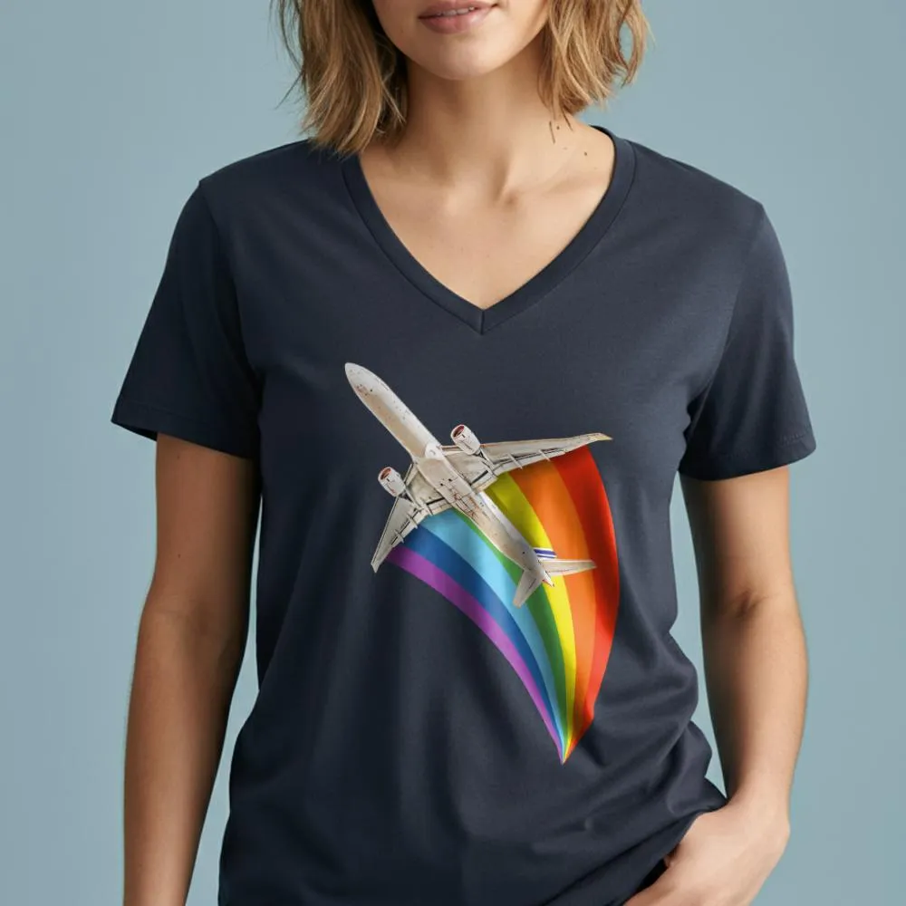 Plane Flying Rainbow - Women's V-Neck T-Shirt