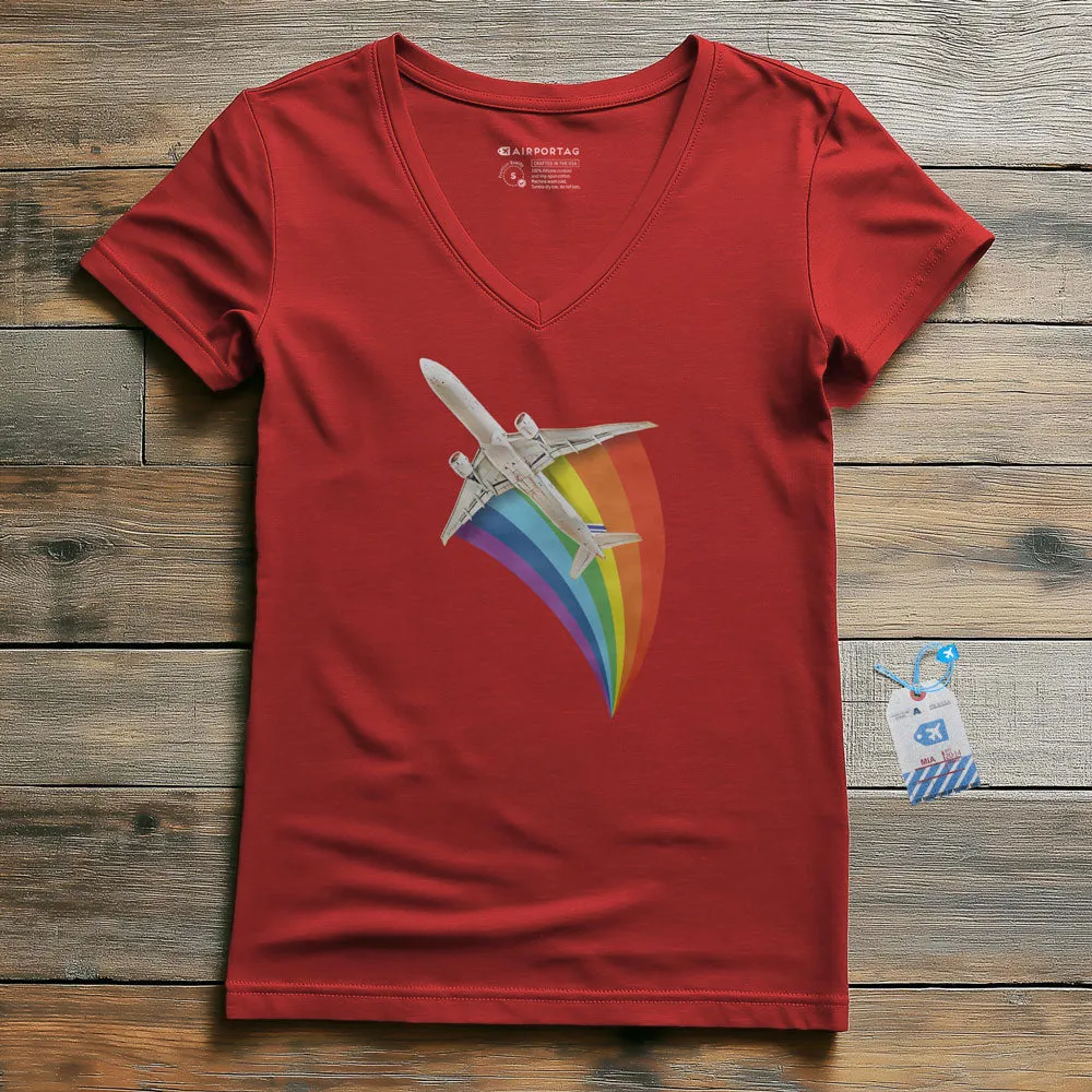 Plane Flying Rainbow - Women's V-Neck T-Shirt