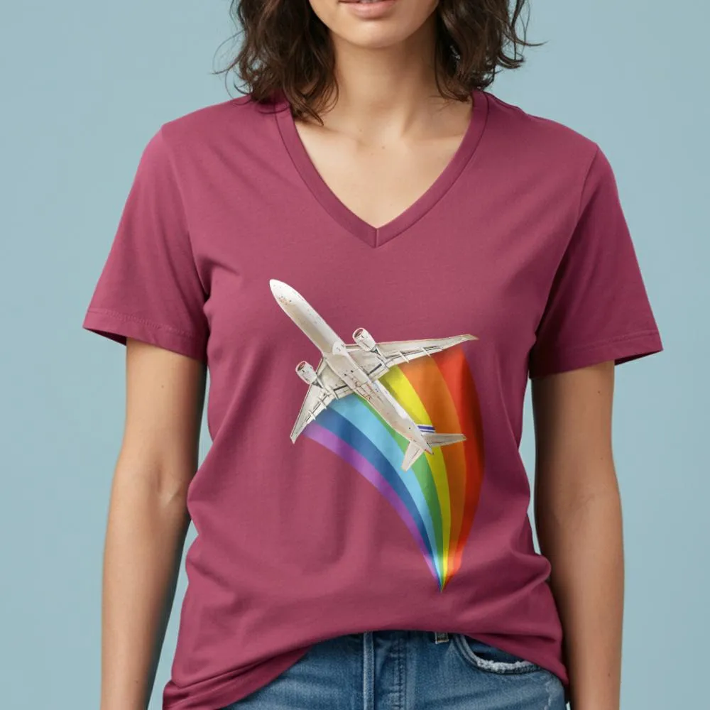 Plane Flying Rainbow - Women's V-Neck T-Shirt