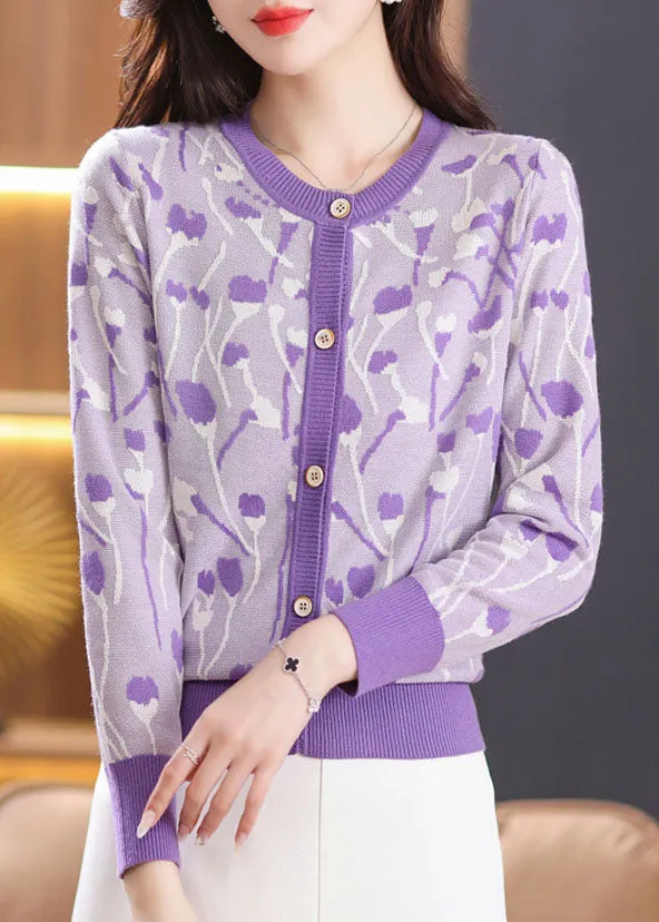 Purple O-Neck Button Cozy Knit Cardigan Fall