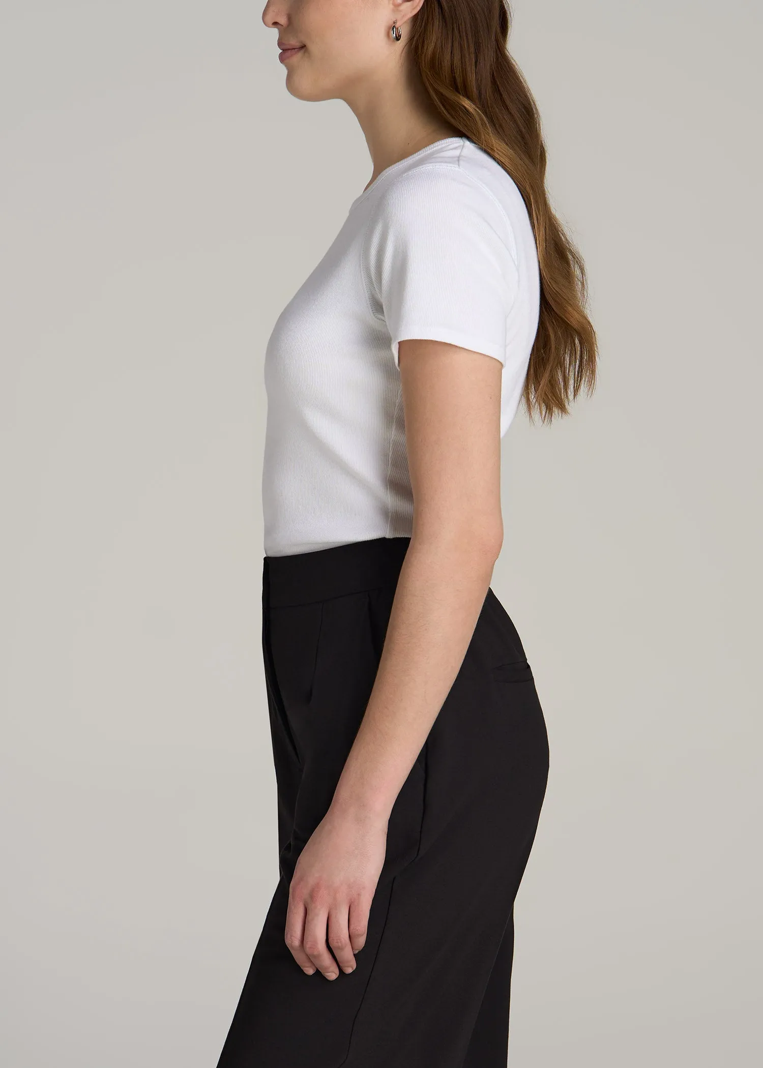 Short Sleeve Crew Neck Ribbed T-Shirt for Tall Women in Bright White