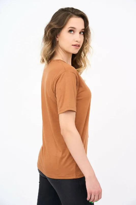 Short-Sleeved V Neck Women's T Shirt in Camel Color!