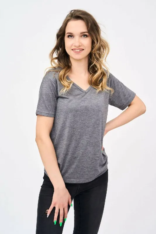 Short-Sleeved V Neck Women's T Shirt in Charcoal