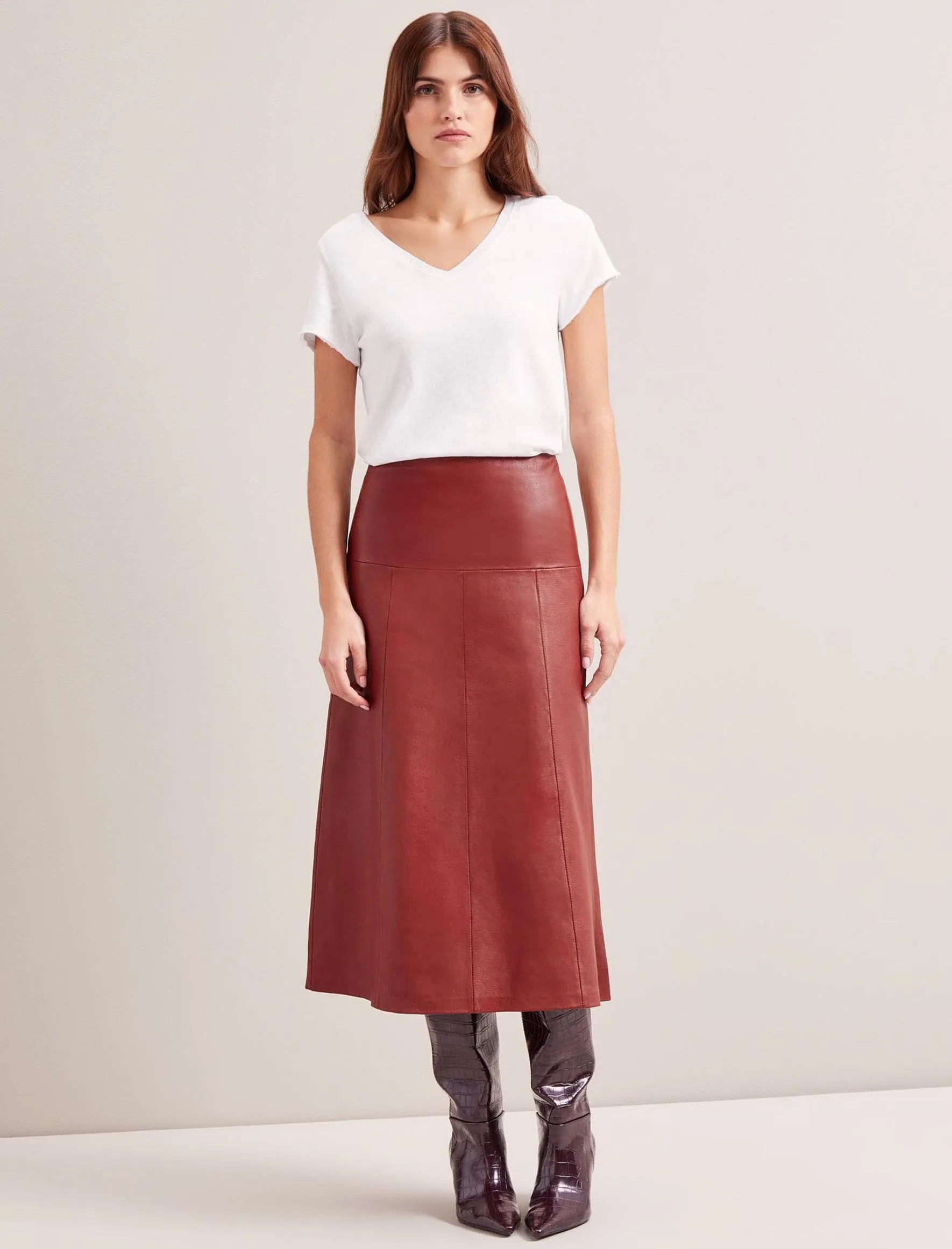 Tiana Leather Midi Skirt - Red