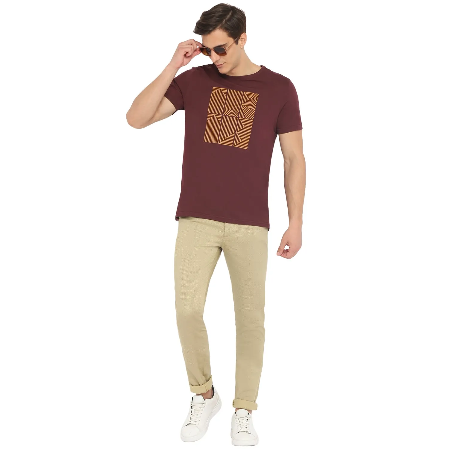 Turtle Men Essentials Maroon Printed Round Neck T-Shirts