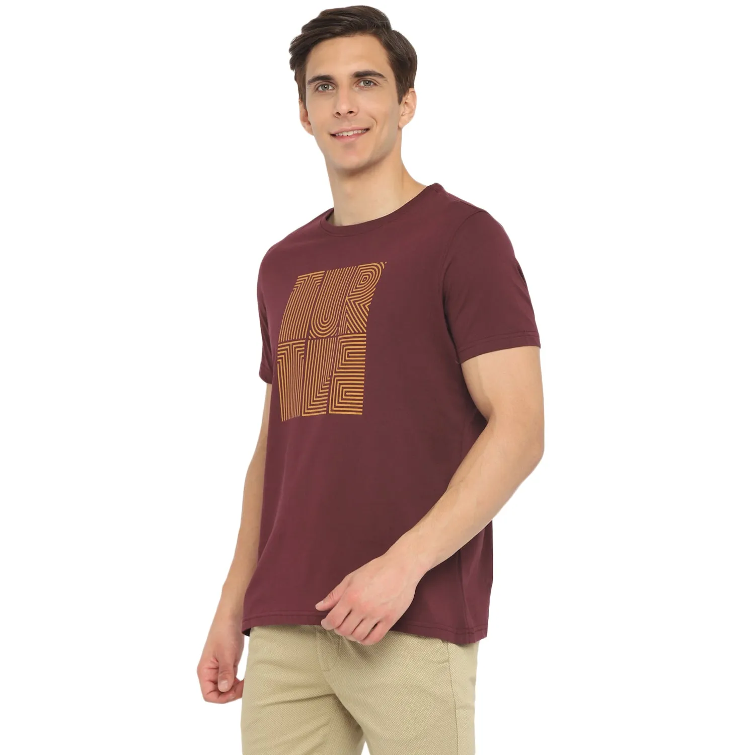 Turtle Men Essentials Maroon Printed Round Neck T-Shirts