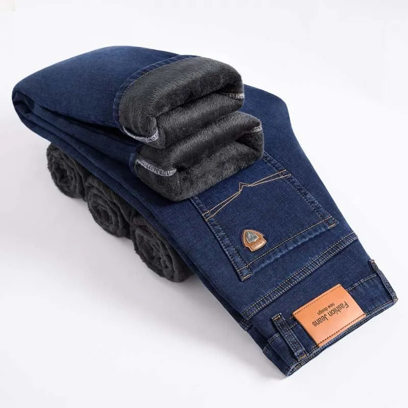 Winter Fleece Lined Men's Jeans Classic Straight Fit Denim Jeans