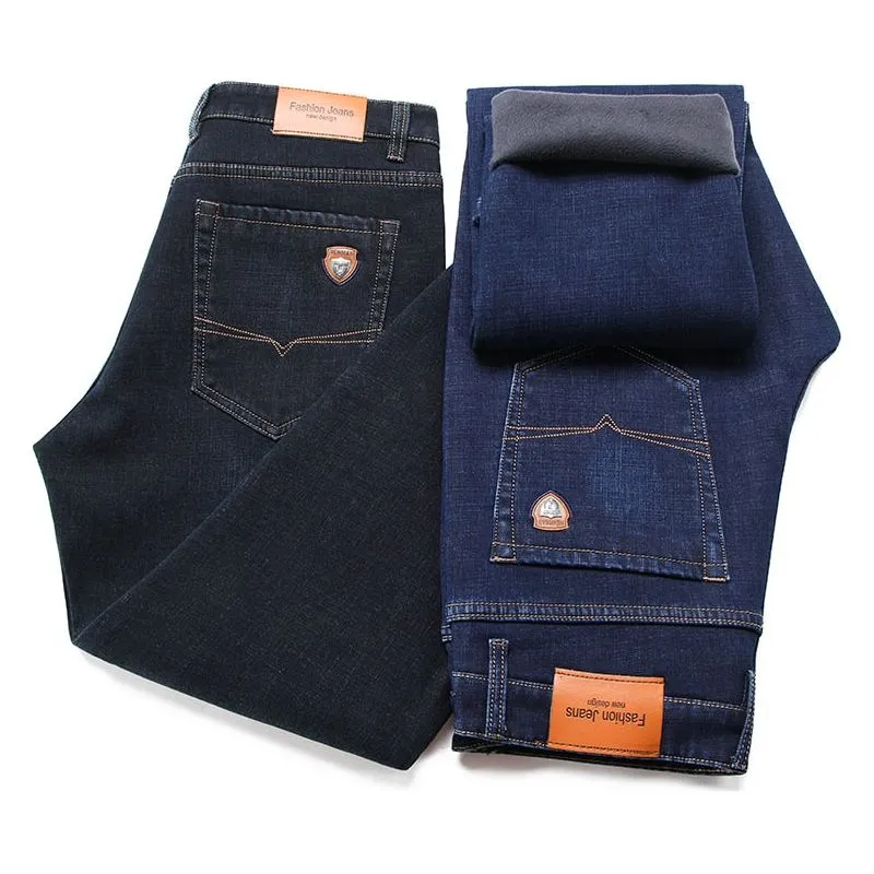 Winter Fleece Lined Men's Jeans Classic Straight Fit Denim Jeans