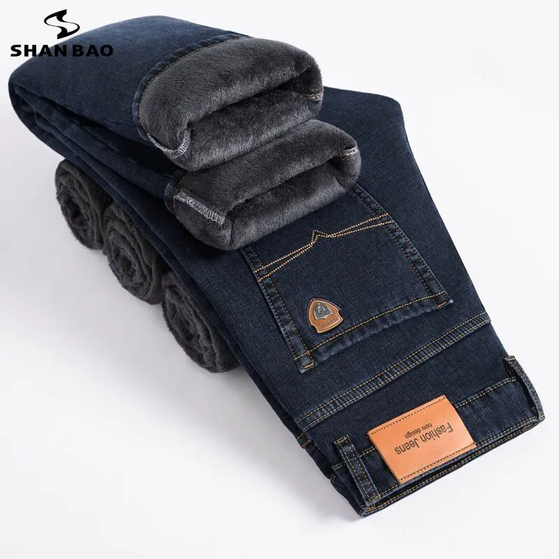 Winter Fleece Lined Men's Jeans Classic Straight Fit Denim Jeans