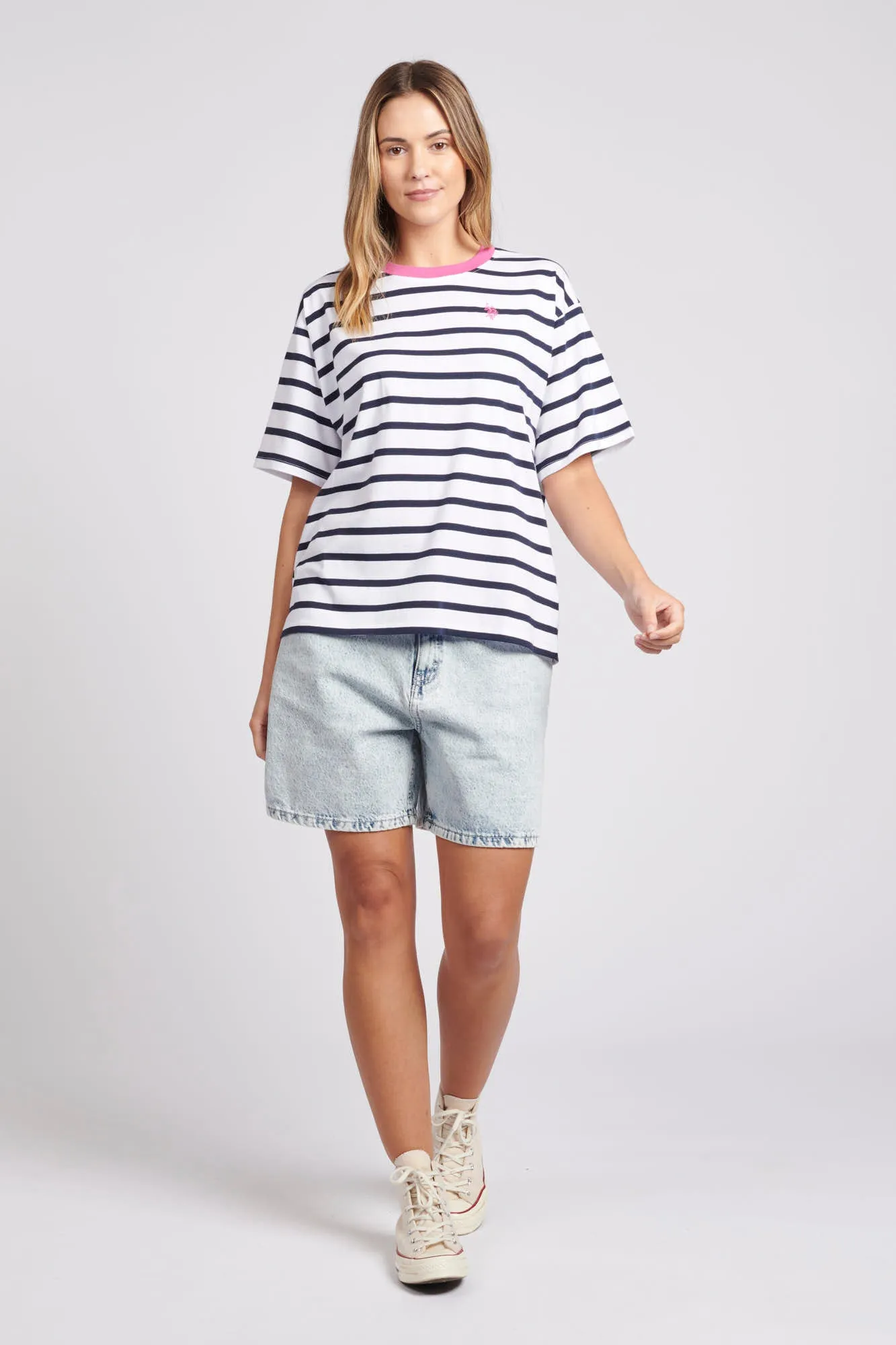 Womens Stripe Crew Neck T-Shirt in Navy Blue