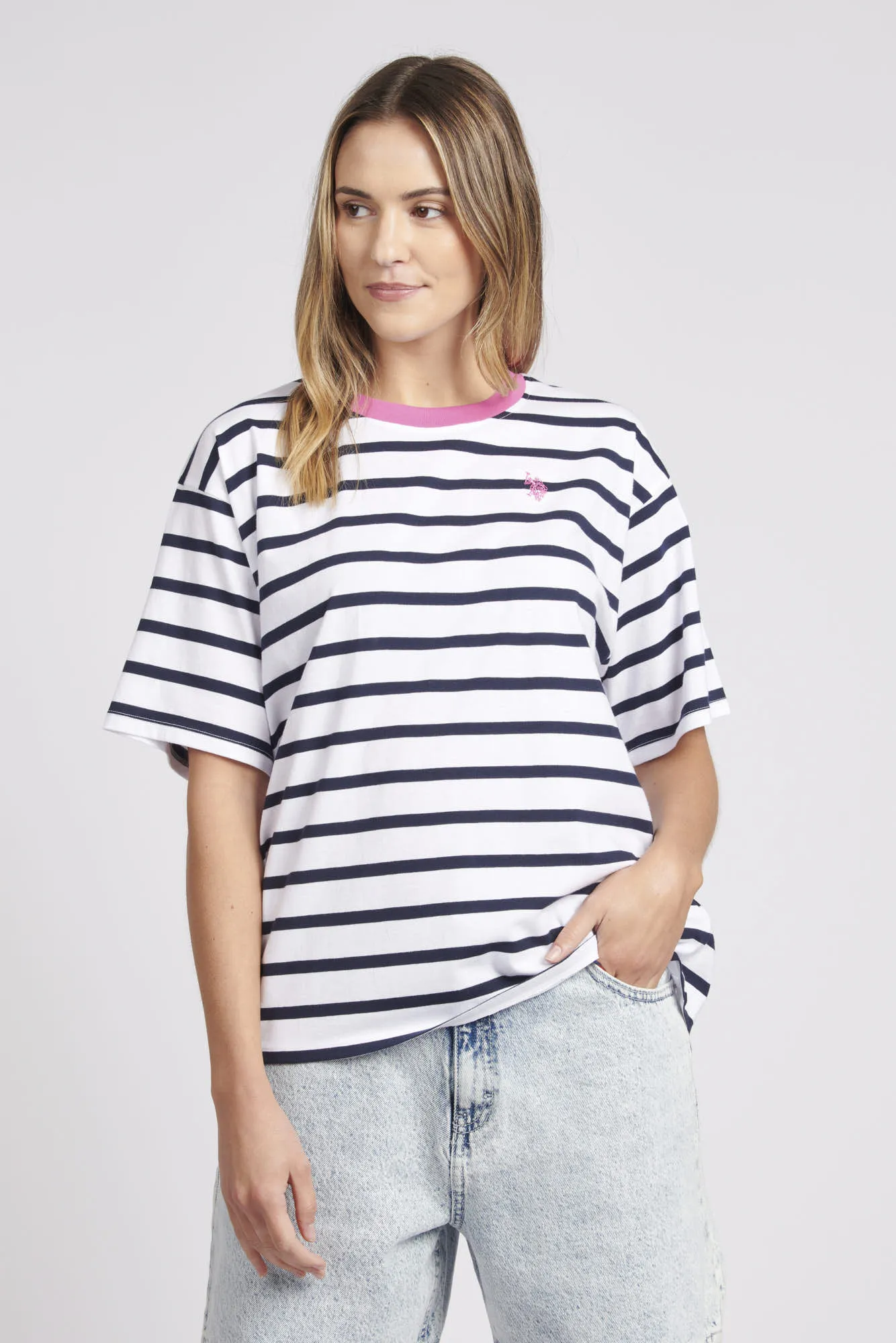 Womens Stripe Crew Neck T-Shirt in Navy Blue