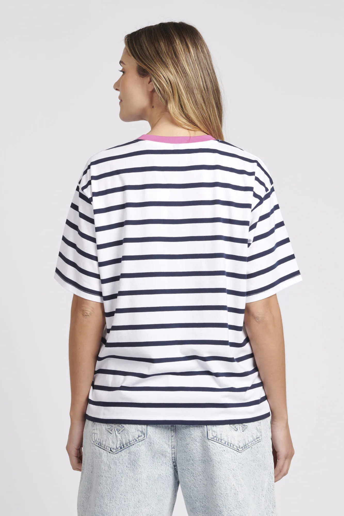 Womens Stripe Crew Neck T-Shirt in Navy Blue