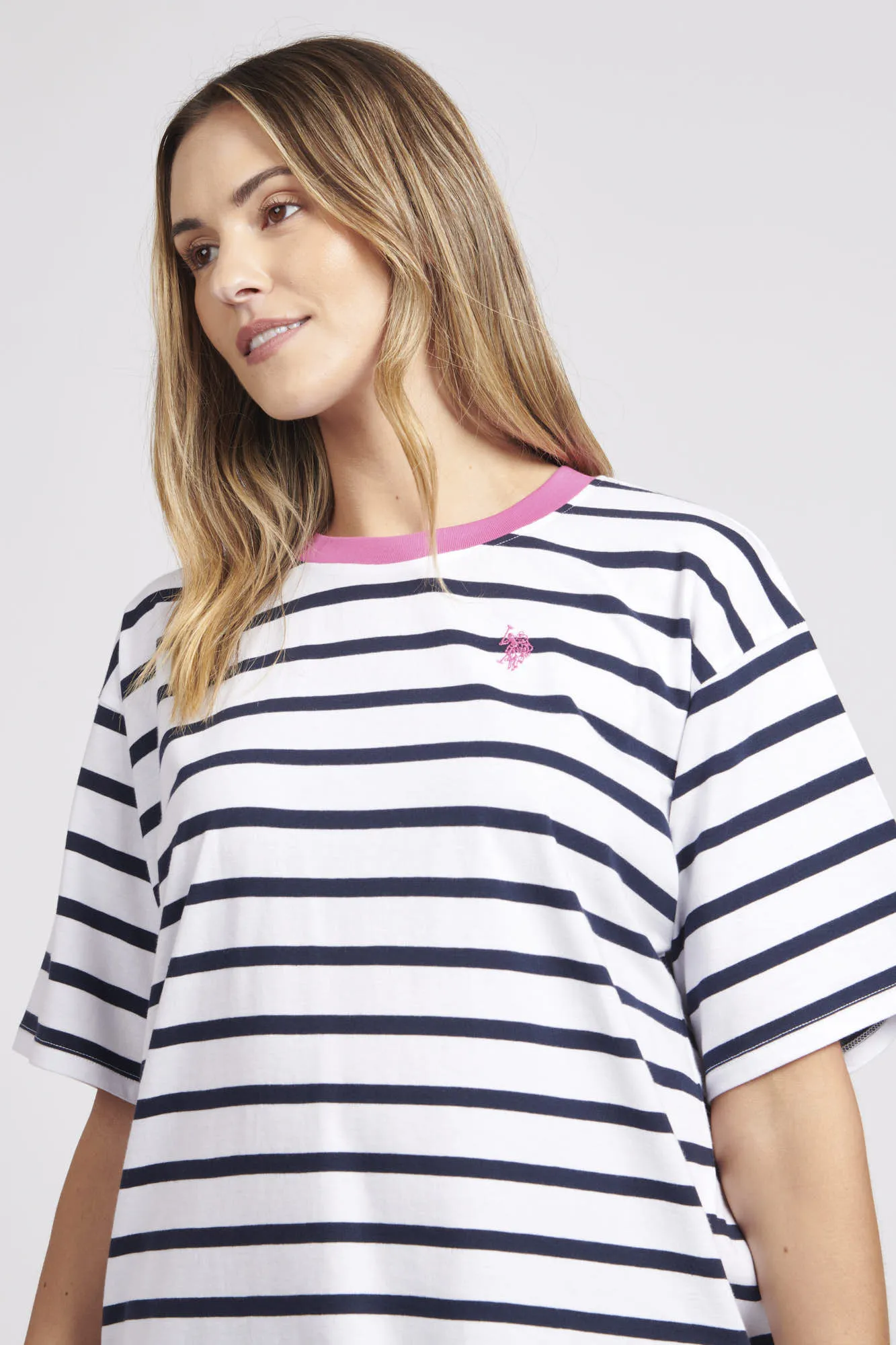 Womens Stripe Crew Neck T-Shirt in Navy Blue